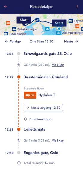 Skjermbilde av Entur-appen som illustrer bruk av travel leg